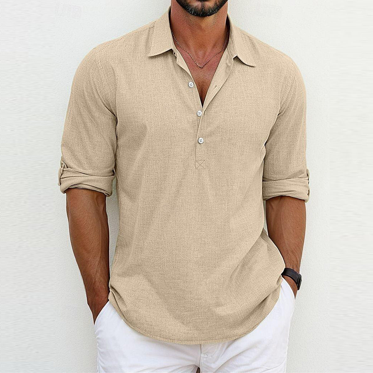 Camicia a Maniche Lunghe con Colletto Polo Ideale per Tutte le Stagioni